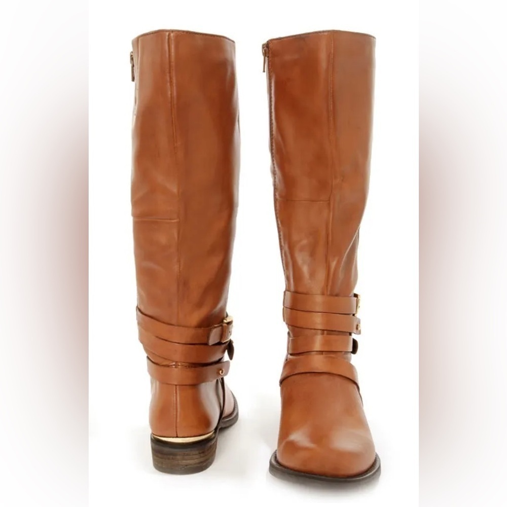Steve Madden Albany Cognac Leather Belted Riding Boots Sz 8.5 Equestrian Office